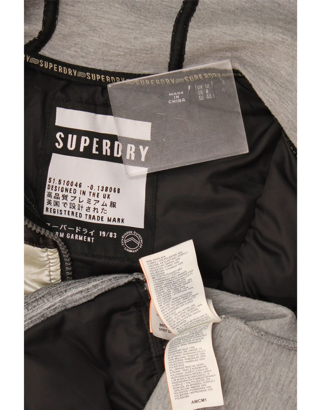 Superdry Wattierte Jacke mit Kapuze für Damen, UK 12, mittelgraues Colourblock-Nylon