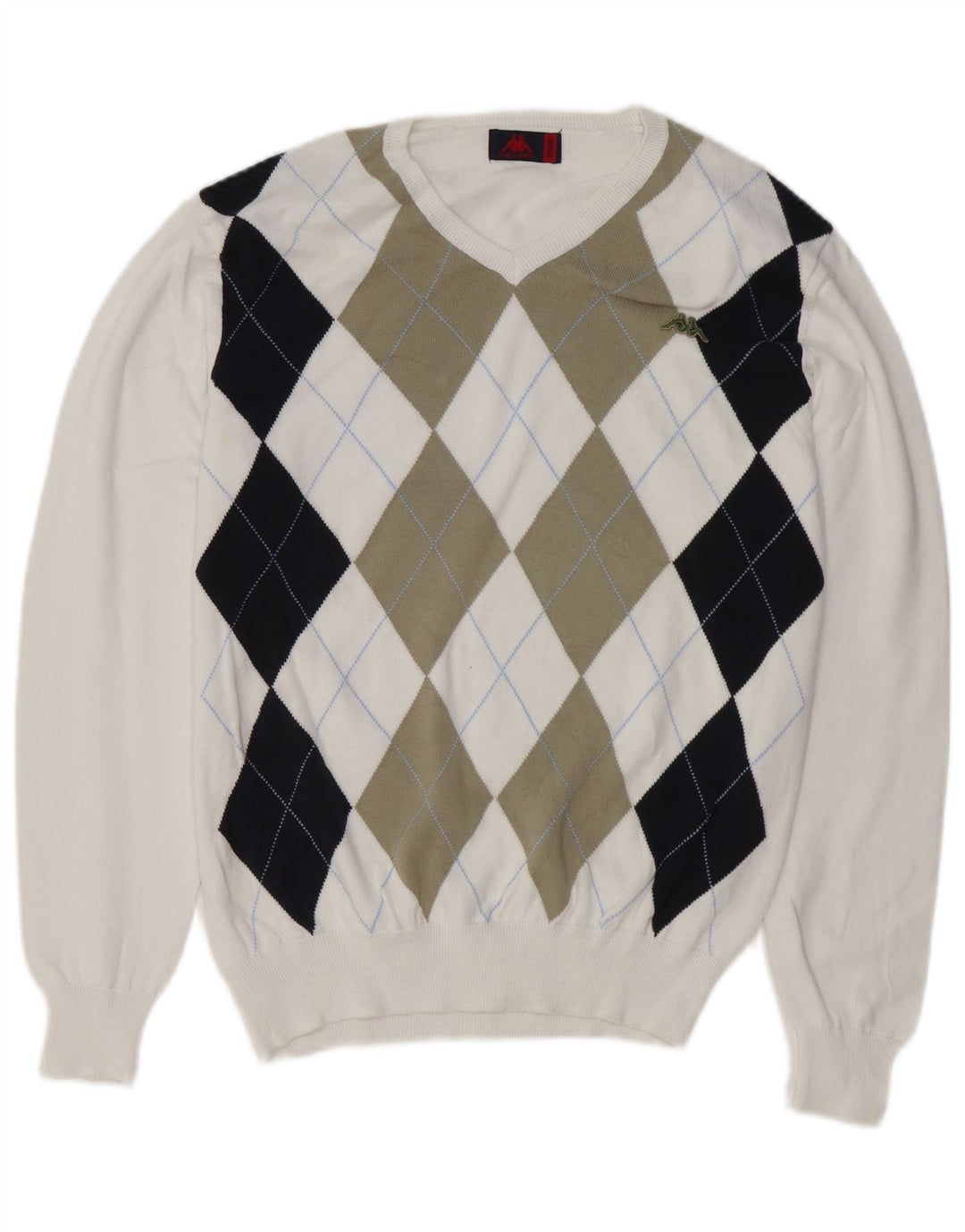 Kappa Damen-Pullover mit V-Ausschnitt, UK 14, Mittelweiß, Argyle/Diamant-Baumwolle