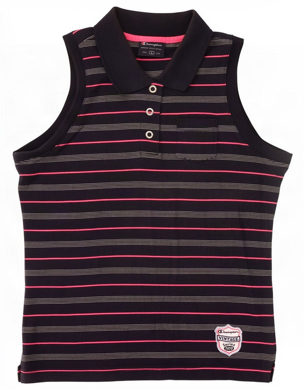 Champion Damen ärmelloses Poloshirt UK 14 Large Marineblau gestreift aus Baumwolle