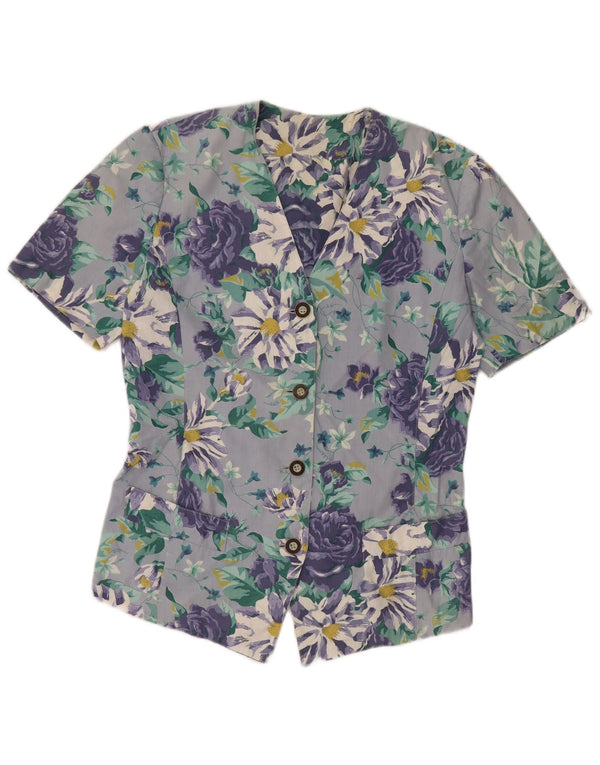 VINTAGE Damen Kurzarm-Hemdbluse UK 14 Großes blaues Blumenmuster