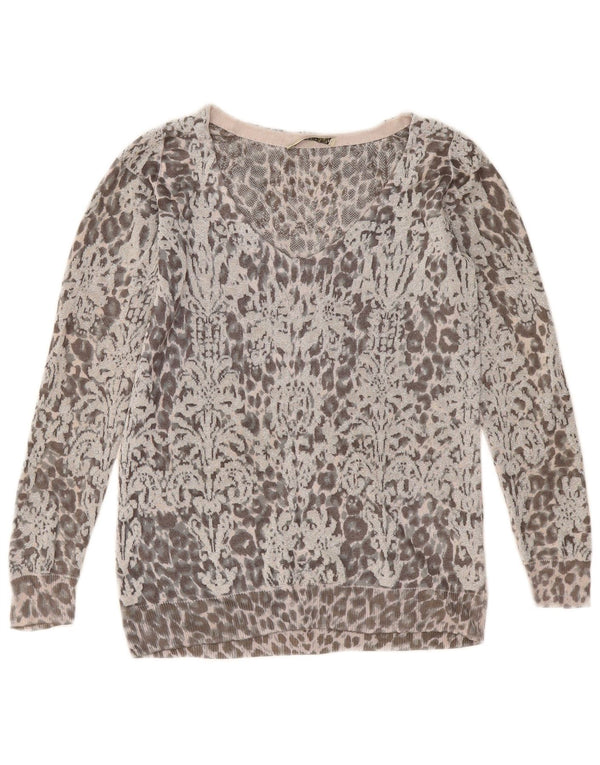 Oasis Damen-Pullover mit V-Ausschnitt, Größe 44, Mittelgrau, Viskose mit Tiermuster