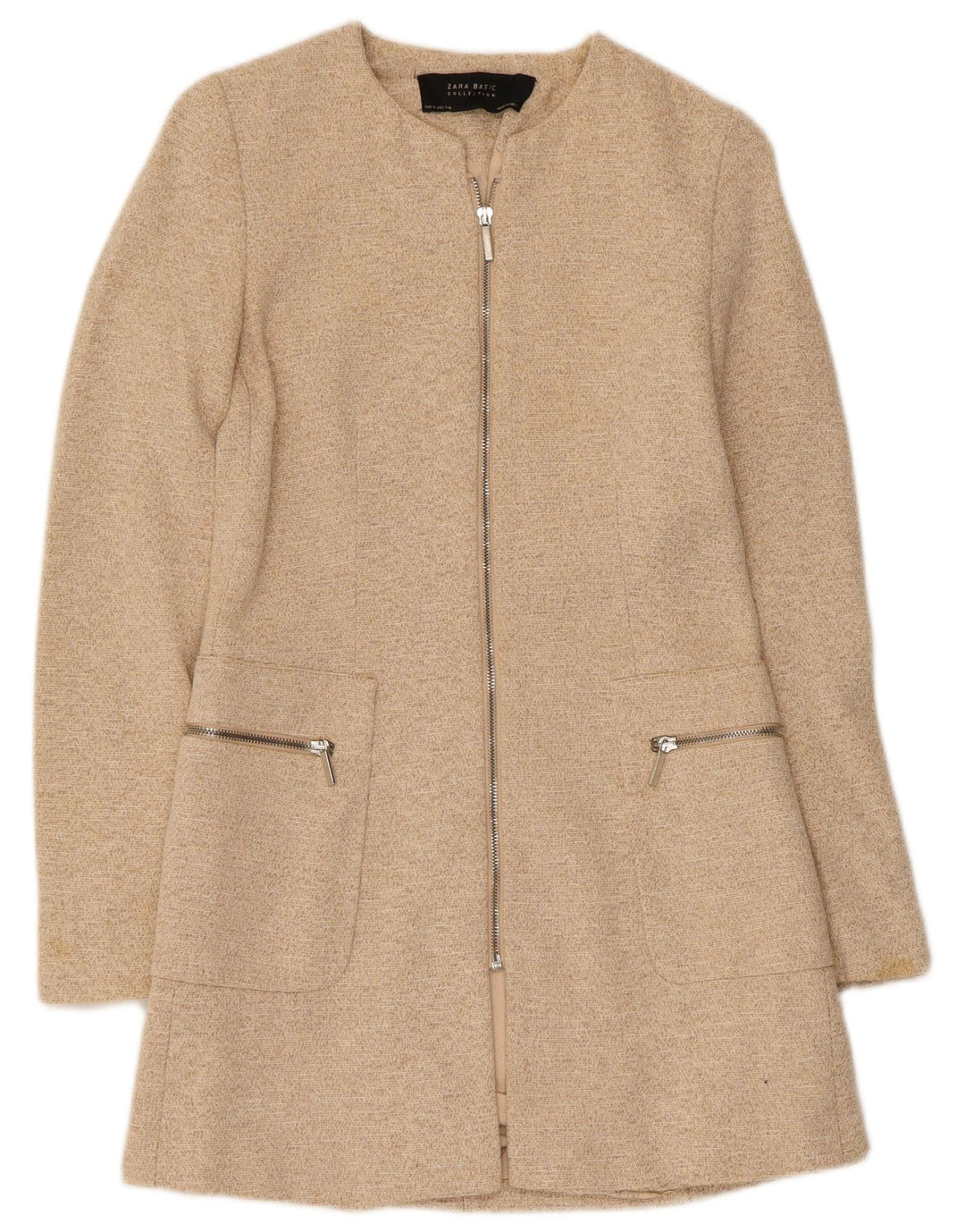 Zara Damen-Longline-Blazer mit durchgehendem Reißverschluss, Größe S, Beige, gefleckt