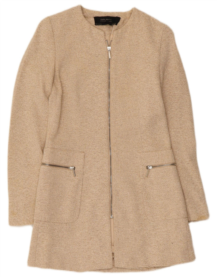 Zara Damen-Longline-Blazer mit durchgehendem Reißverschluss, Größe S, Beige, gefleckt