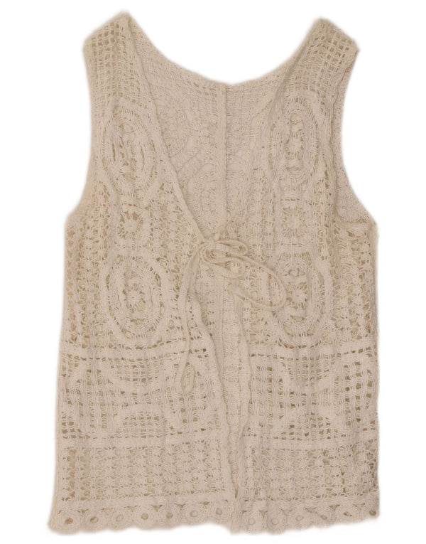 Vintage Damen Ärmelloses Häkel-Cardigan-Top UK 14 Mittelweiß