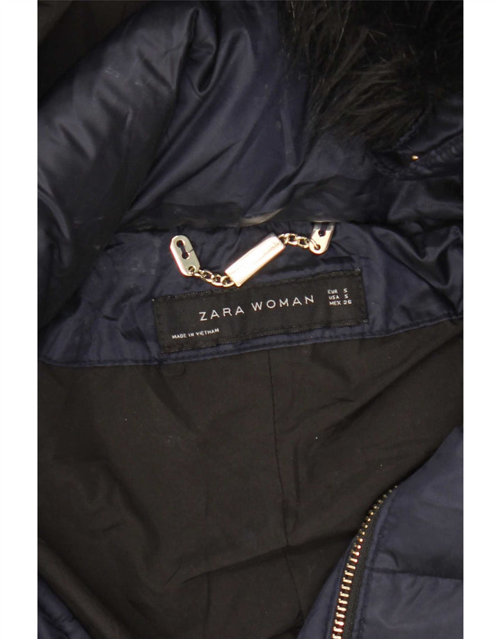 Zara Wattierter Damenmantel mit Kapuze, UK 10, Größe S, Marineblau, Polyester