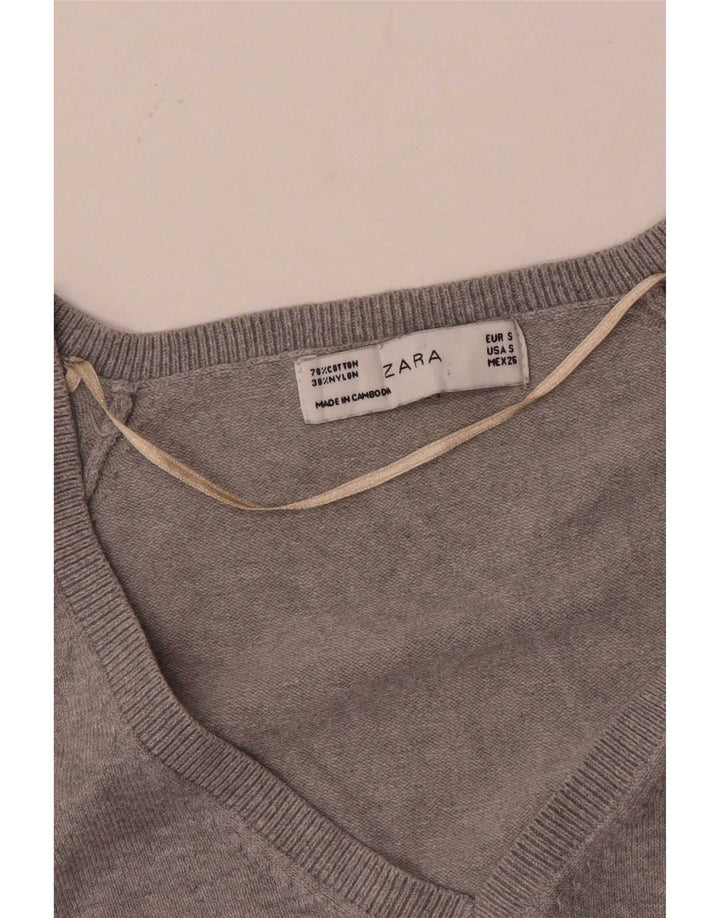 Zara Damen-Pullover mit V-Ausschnitt, Gr. 10, Größe S, graue Baumwolle