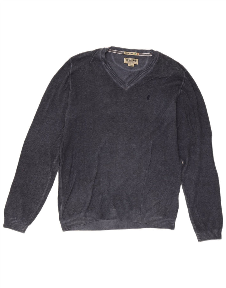 Marlboro Classics Herren-Pullover mit V-Ausschnitt aus mittelblauer Baumwolle