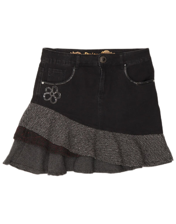 Desigual Damen Asymmetrischer Jeansrock EU 40 Medium W30 Graues Fischgrätenmuster
