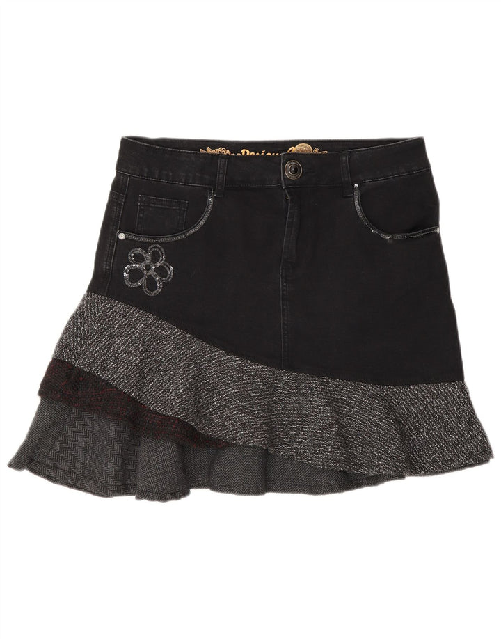 Desigual Damen Asymmetrischer Jeansrock EU 40 Medium W30 Graues Fischgrätenmuster