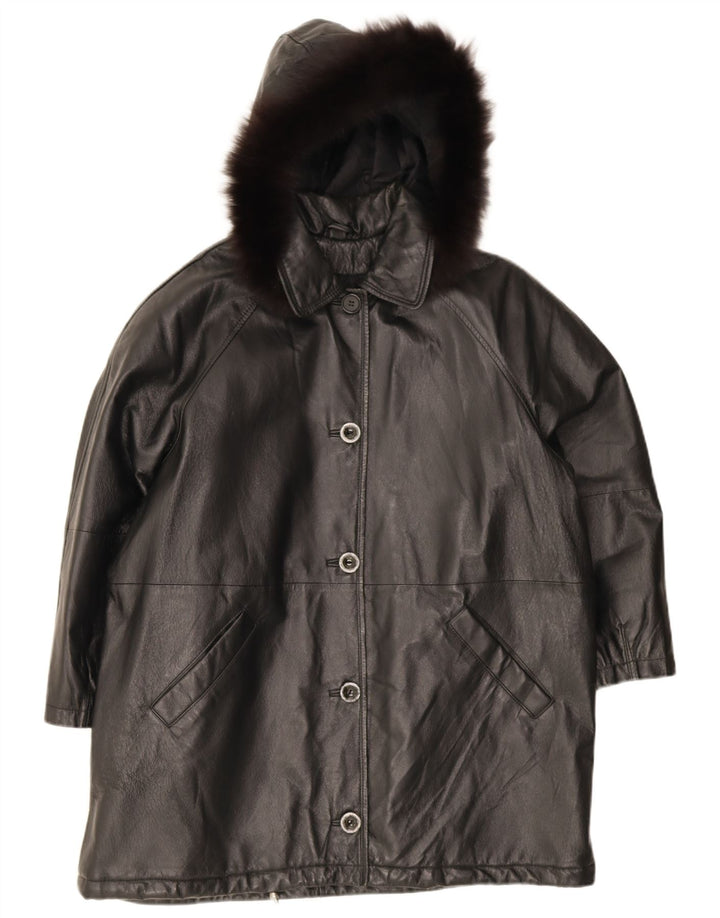 Privilegi Damen-Übergroßer Ledermantel mit Kapuze IT 44 Mittelschwarzes Leder