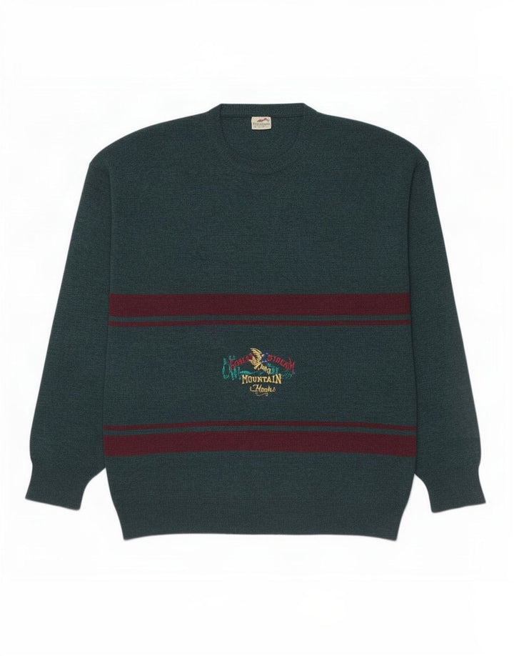 Bernardini Herren-Pullover mit Rundhalsausschnitt, mittelgrün, gestreift, Wolle