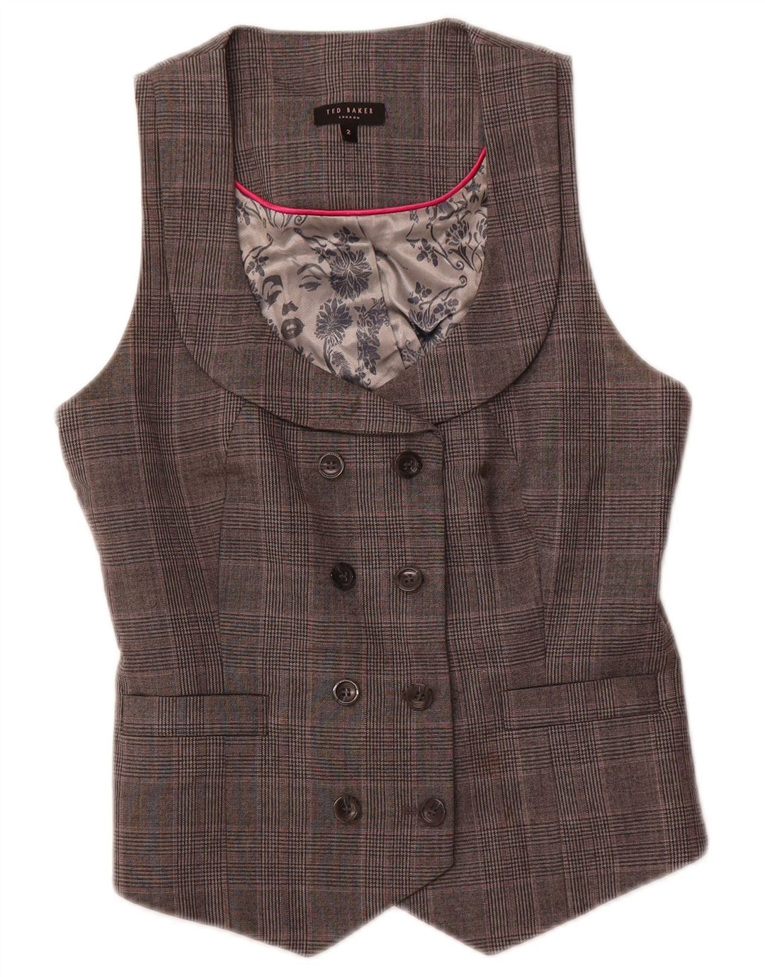TED BAKER Zweireihige Weste für Damen, Größe 2, klein, grau karierte Wolle