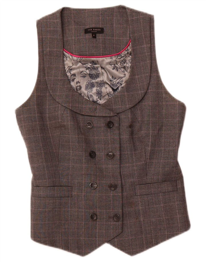 TED BAKER Zweireihige Weste für Damen, Größe 2, klein, grau karierte Wolle