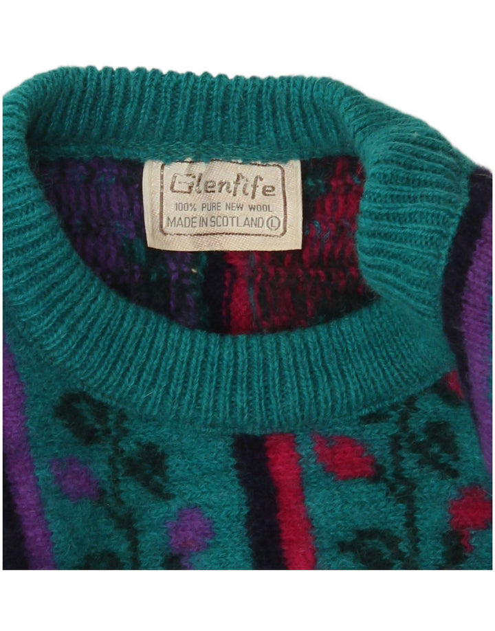 VINTAGE Damen-Pullover mit Rundhalsausschnitt, UK 16, große türkisfarbene Wolle mit Blumenmuster