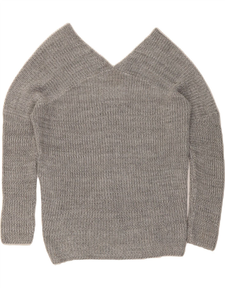 SUPERDRY Womens Oversized V-Neck Jumper Sweater UK 12 Medium Grey Acrylic Vintage Superdry and Second-Hand Superdry from Messina Hembry 