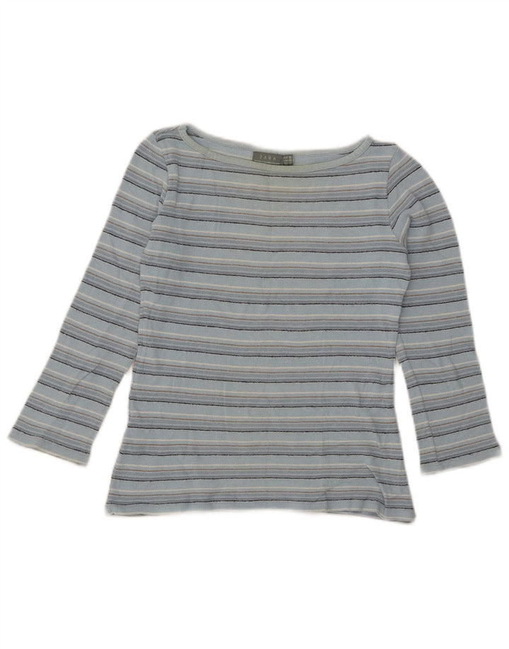 Zara Damen Crop Top 3/4 Ärmel UK 12 Mittelblau gestreift