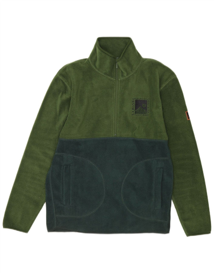 Vintage Herren-Fleecepullover mit Reißverschluss am Hals, Mittelgrünes Farbblock-Polyester