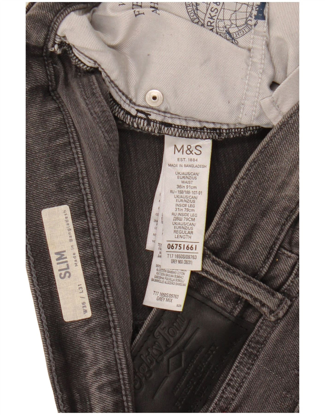 Marks & Spencer Herren Slim Jeans W36 L31 Graue Baumwolle