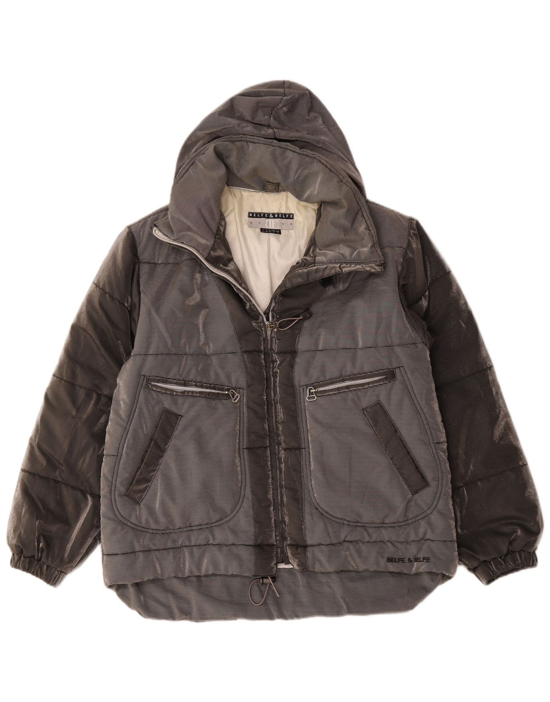 Übergroße wattierte Jacke mit Kapuze von Belfe & Damen, UK 14, Mittelgrau, Farbblock