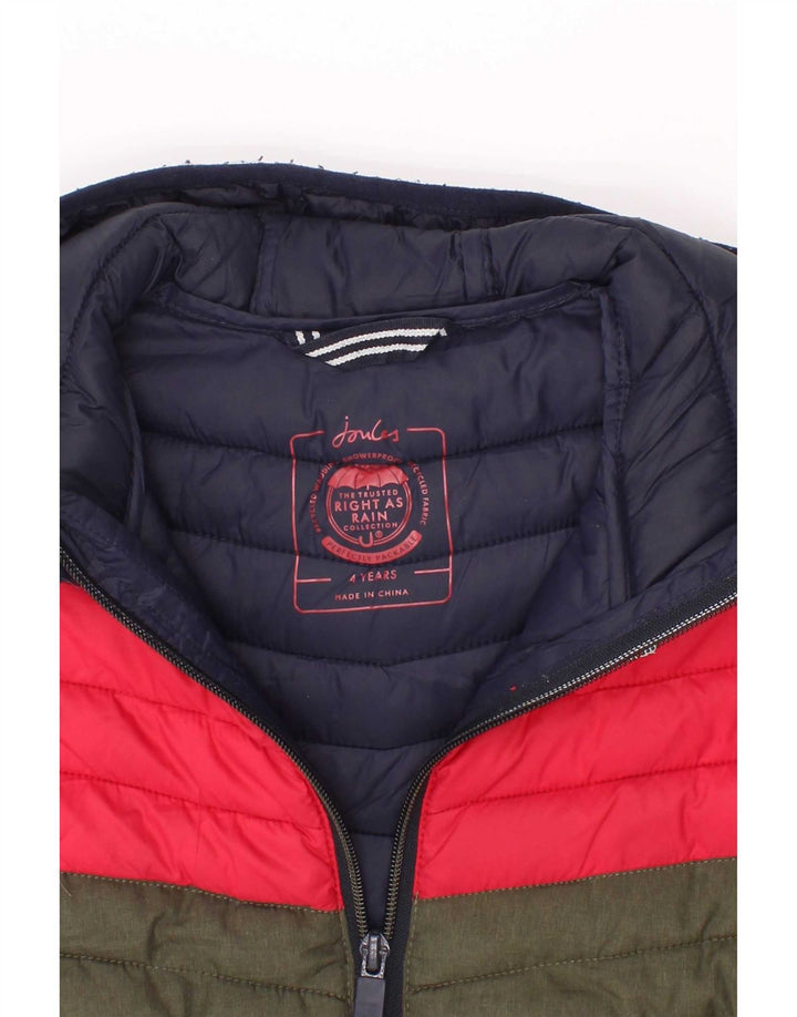 Joules wattierte Jungenjacke mit Kapuze, 3–4 Jahre, grünes Colourblock-Polyamid