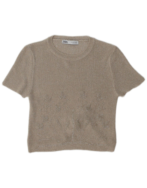 Zara Damen Crop Bluse Top UK 12 Medium Beige
