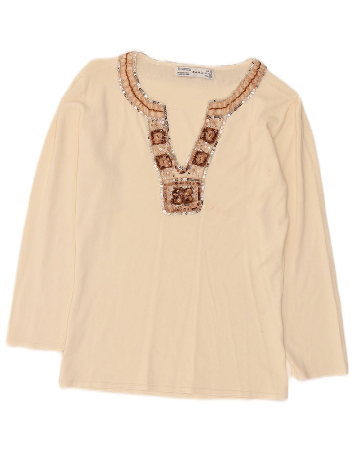 Zara Damen Top Langarm UK 12 Mittelbeige Viskose