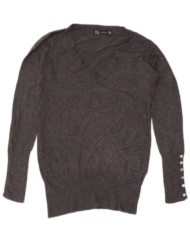 ZARA Damen-Pullover mit V-Ausschnitt, Gr. 14, mittelgraues Viskose