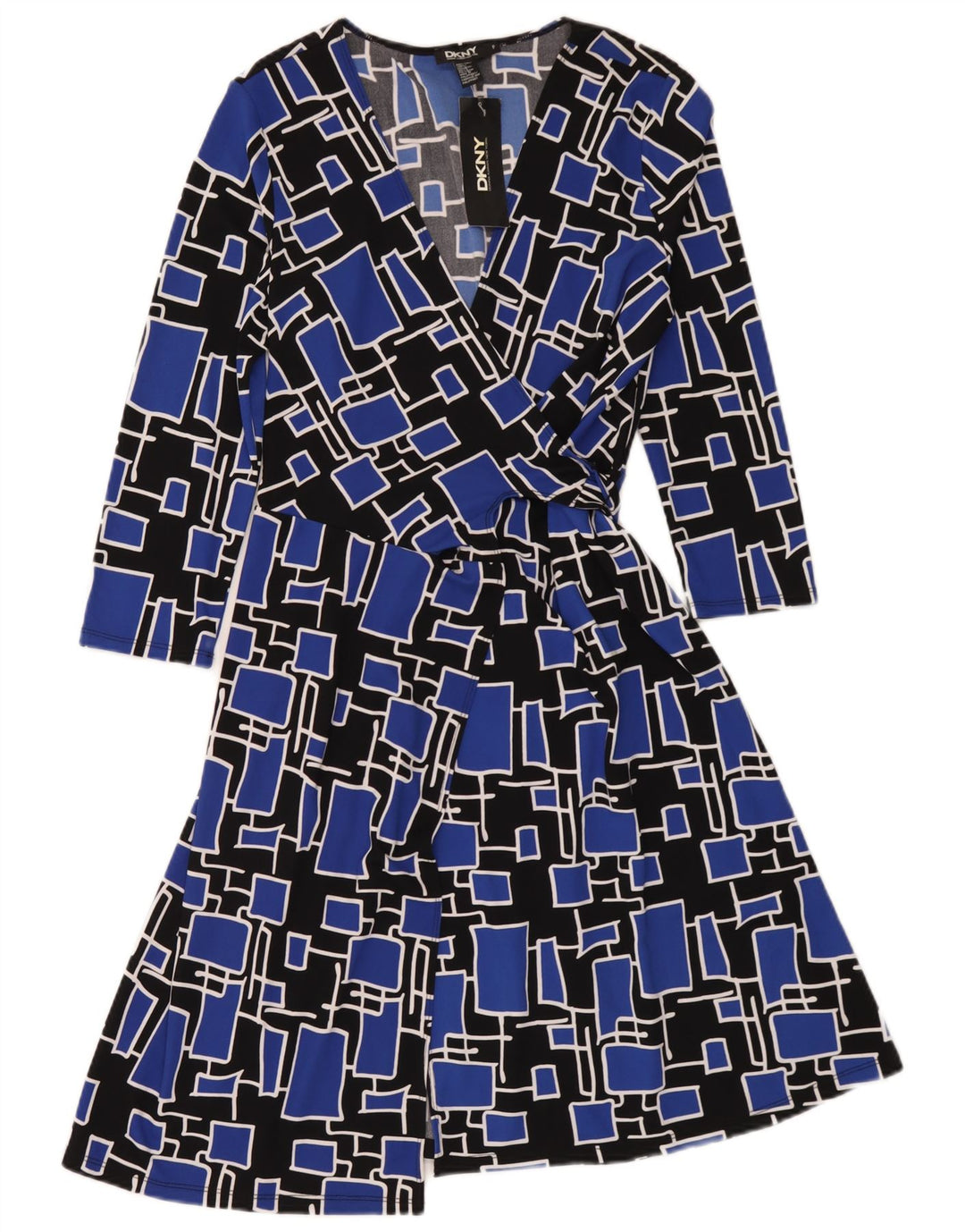Dkny Damen Wickelkleid mit 3/4-Ärmeln, Einheitsgröße, blaues geometrisches Polyester