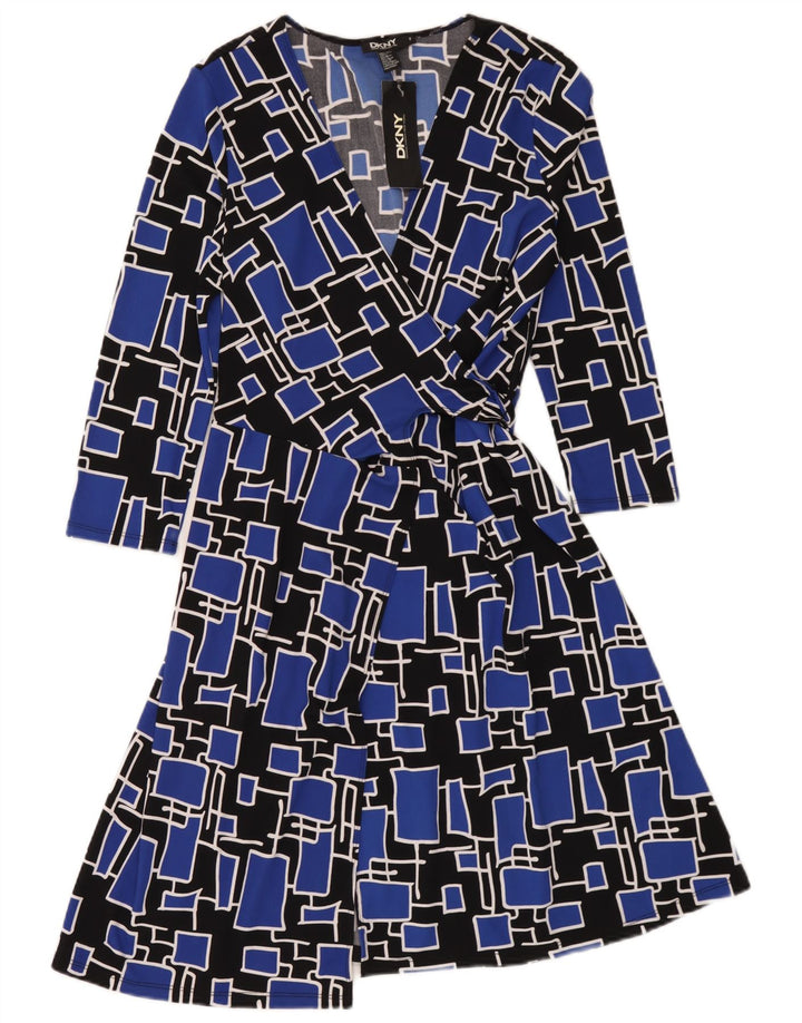 Dkny Damen Wickelkleid mit 3/4-Ärmeln, Einheitsgröße, blaues geometrisches Polyester