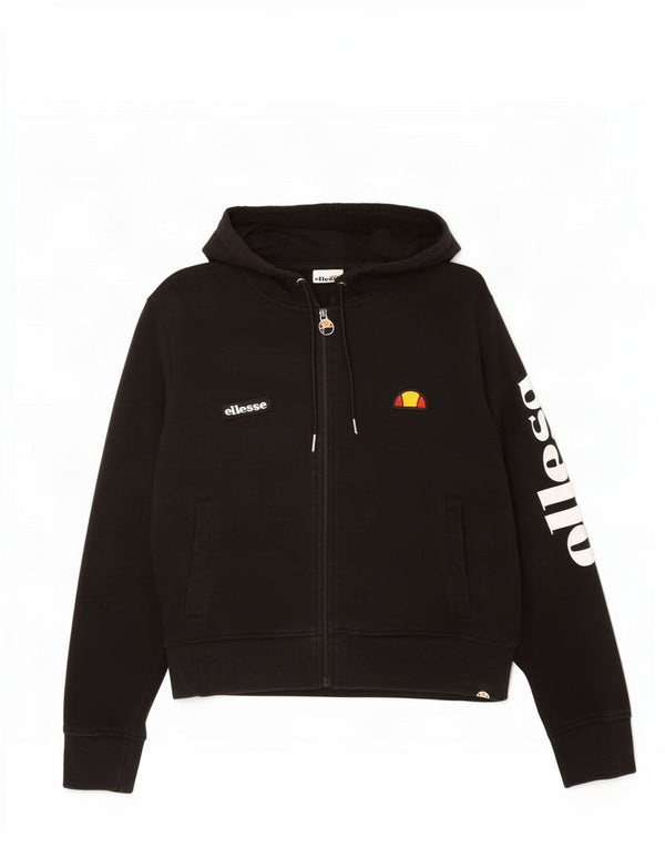 Ellesse Womens Crop Graphic Zip Hoodie Pullover UK 16 Große schwarze Baumwolle
