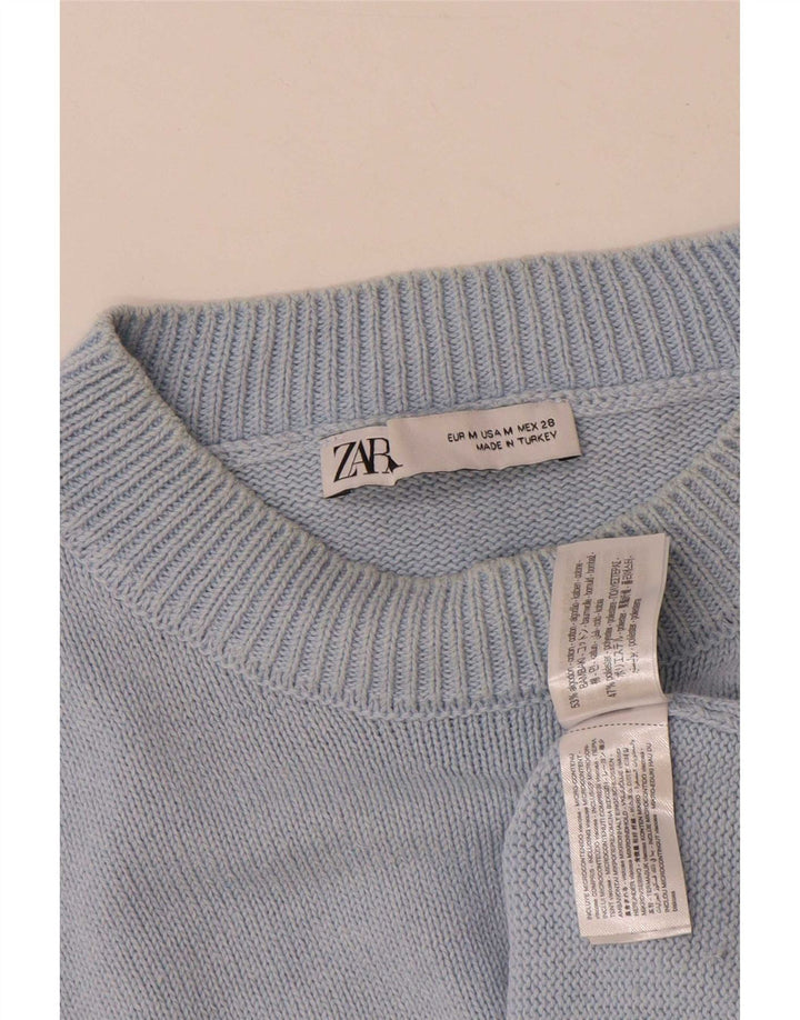 Zara Damen-Pullover, übergroß, Rundhalsausschnitt, UK-Gr. 14, mittelblaue Baumwolle