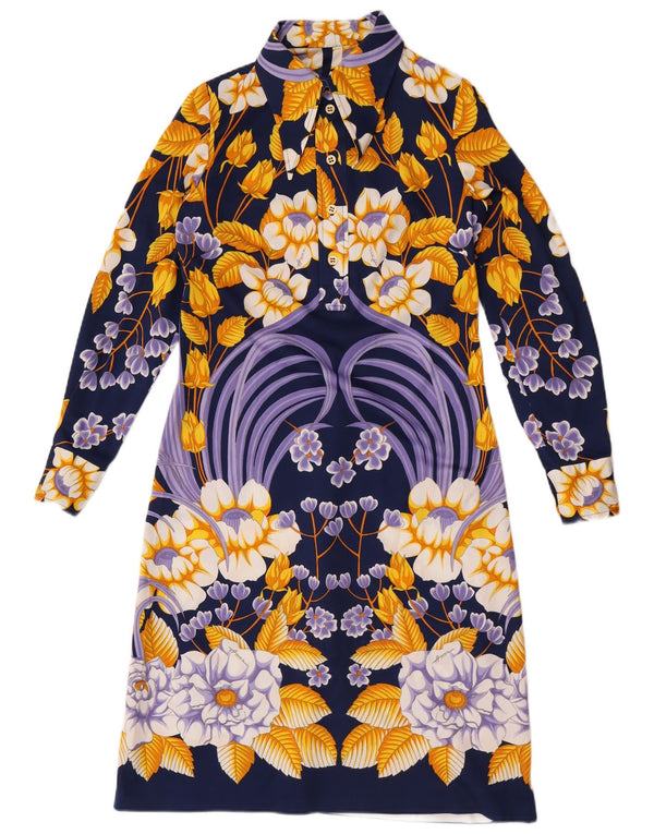 Vintage Damen Langarm-A-Linien-Kleid UK 12 Medium Navy Blue Floral
