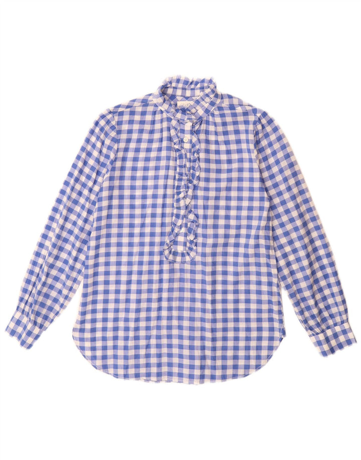 J. Crew Damen-Langarm-Hemdbluse mit Rüschen vorne, US 4, klein, blau kariert