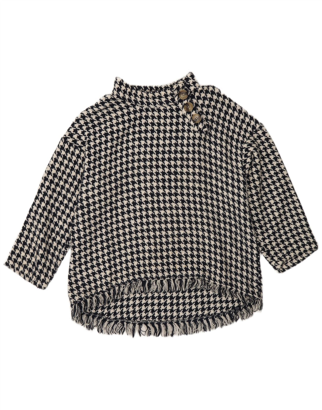 Zara Damen-Pullover mit Knopfkragen, Gr. 14, Mittelschwarz, Hahnentrittmuster