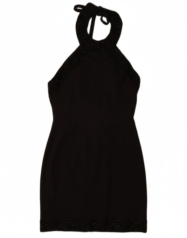 VINTAGE Damen Neckholder-Kleid UK 12 Medium Schwarz