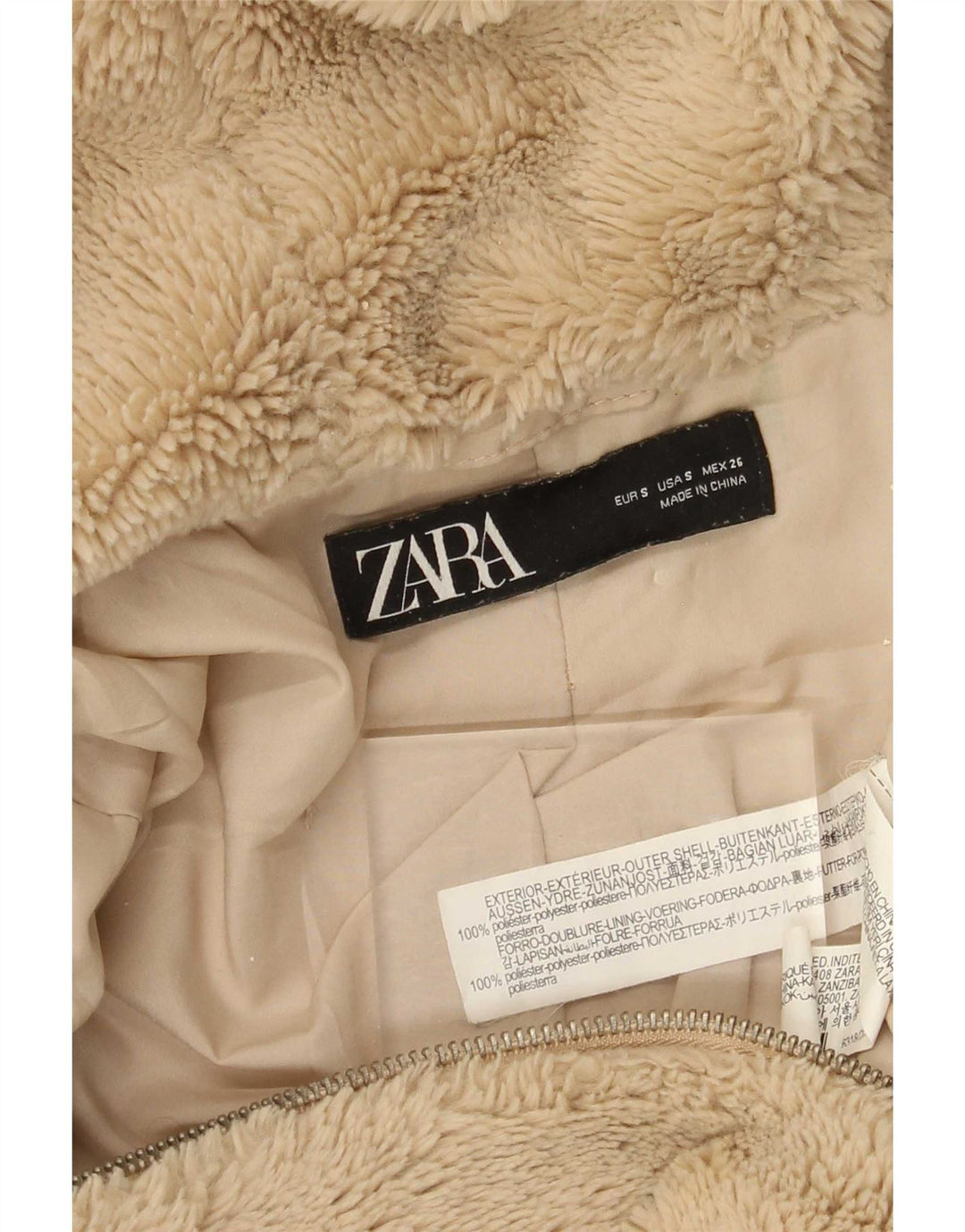 Zara Damen-Fleecejacke mit Teddybär-Kapuze, übergroß, Gr. 10, Größe S, Beige