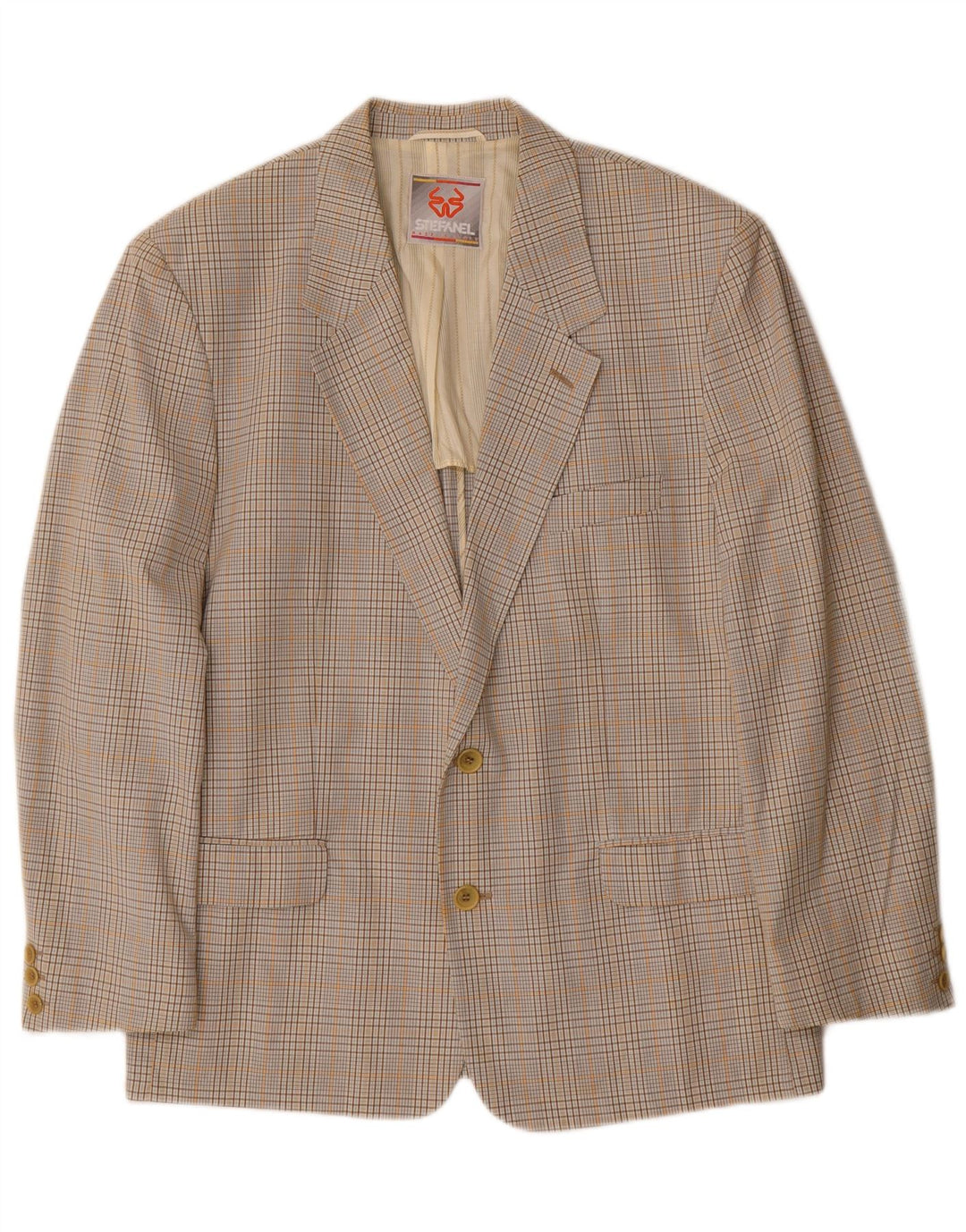 Stefanel Herren-Blazer mit 2 Knöpfen, IT 48, mittelbeige, karierte Baumwolle