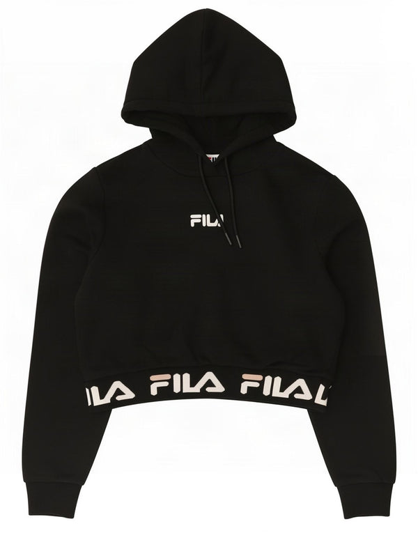Fila Womens Oversized Graphic Crop Hoodie Pullover UK 2 2XS Schwarz Baumwolle