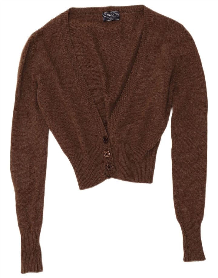 VINTAGE Damen Crop Cardigan Pullover UK 14 Mittelbraune Lammwolle
