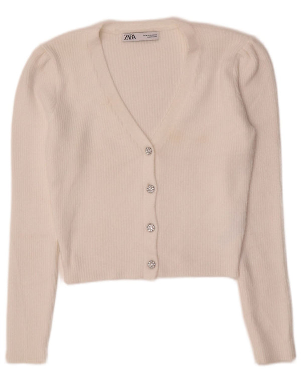 Zara Damen Crop Cardigan Pullover UK 12 Medium White Nylon