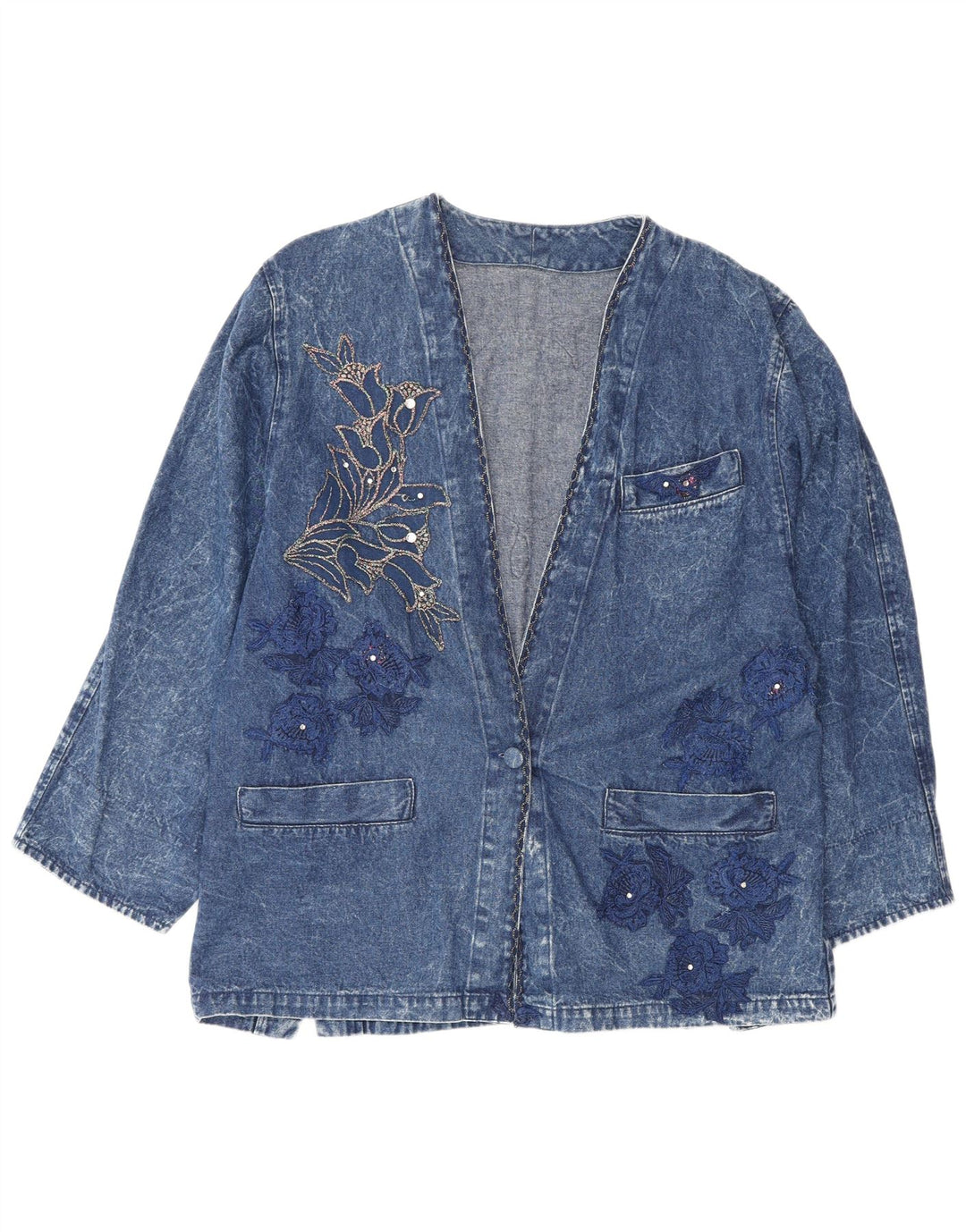 Vintage Damen-Jeansjacke mit grafischer lockerer Passform, IT 42, mittelblaue Baumwolle