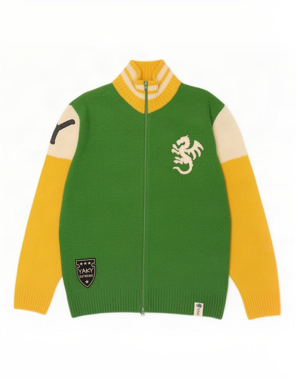 Vintage Herren-Cardigan mit Grafik, groß, grüne Farbblock-Lammwolle