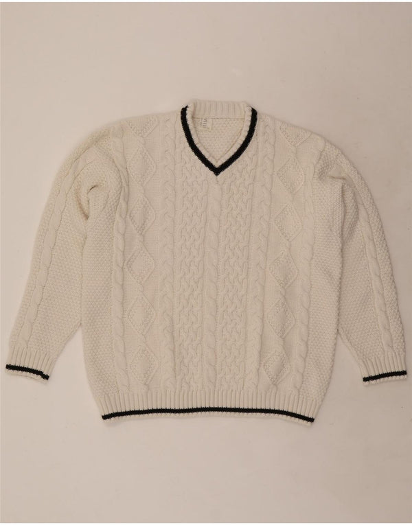 Vintage Damen V-Ausschnitt Pullover Pullover UK 20/22 XL Weiß Acryl