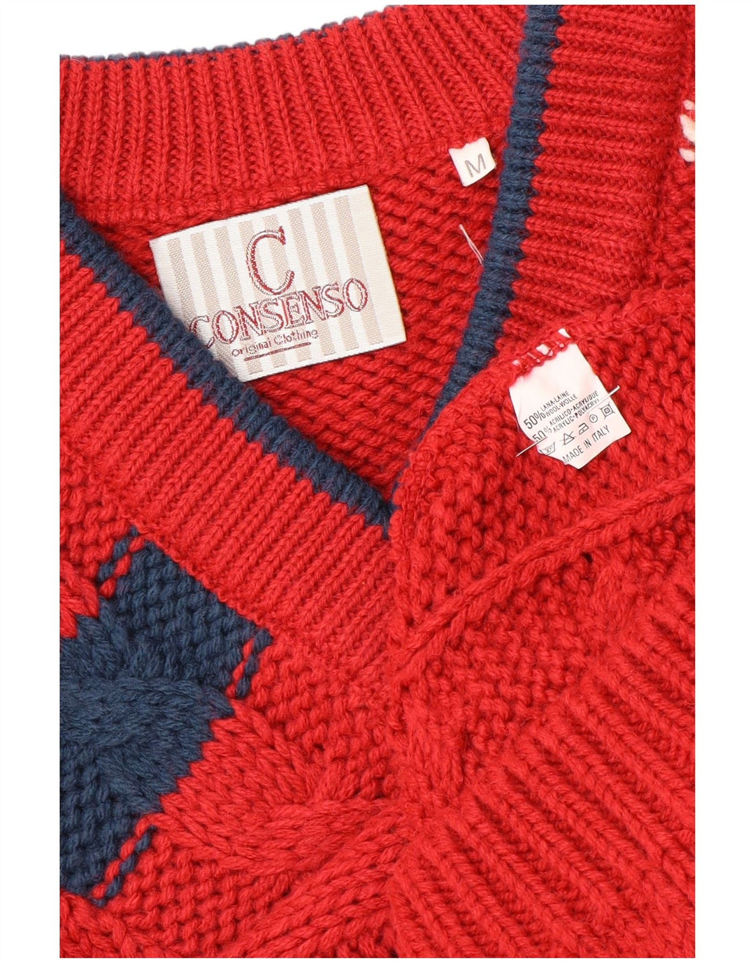 Consenso Herren-Pullover mit grafischem V-Ausschnitt, Mittelrote Farbblock-Wolle
