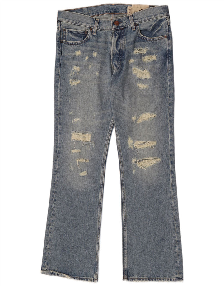 Hollister Herren Distressed Bootcut Jeans W34 L32 Blaue Baumwolle