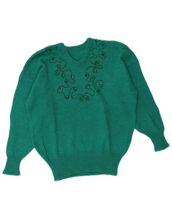 Vintage Damen V-Ausschnitt Pullover Pullover UK 16 Groß grün geblümt
