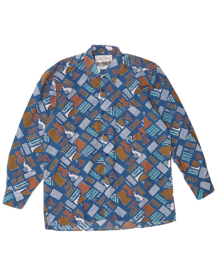 Vintage Herrenhemd Größe 43/44 XL Blaues geometrisches Polyester