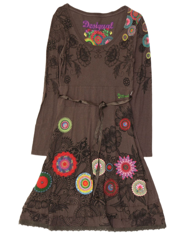 Desigual Damen Grafik-Langarm-A-Linien-Kleid UK 4 XS Grau geblümt