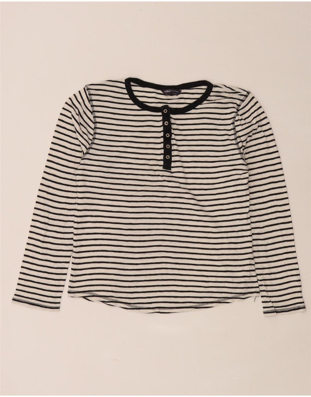 Marks & Spencer Damen Top Langarm UK 14 Mittelweiß gestreift Baumwolle