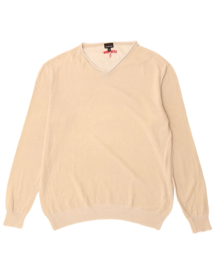 Calvin Klein Jeans Herren-Pullover mit V-Ausschnitt, mittelbeige Baumwolle